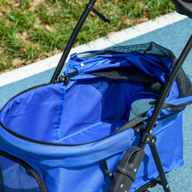 PawHut Carrinho dobrável para animais de estimação desmontável para cães de aço Oxford rodas giratórias freios janela 67x45x96 cm azul