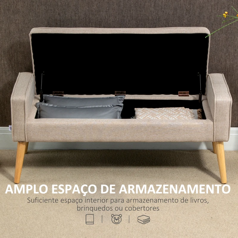 HOMCOM Banco de Armazenamento Estofado em Linho com Tampa Abatível e Pés de Madeira 120x45x54cm Bege