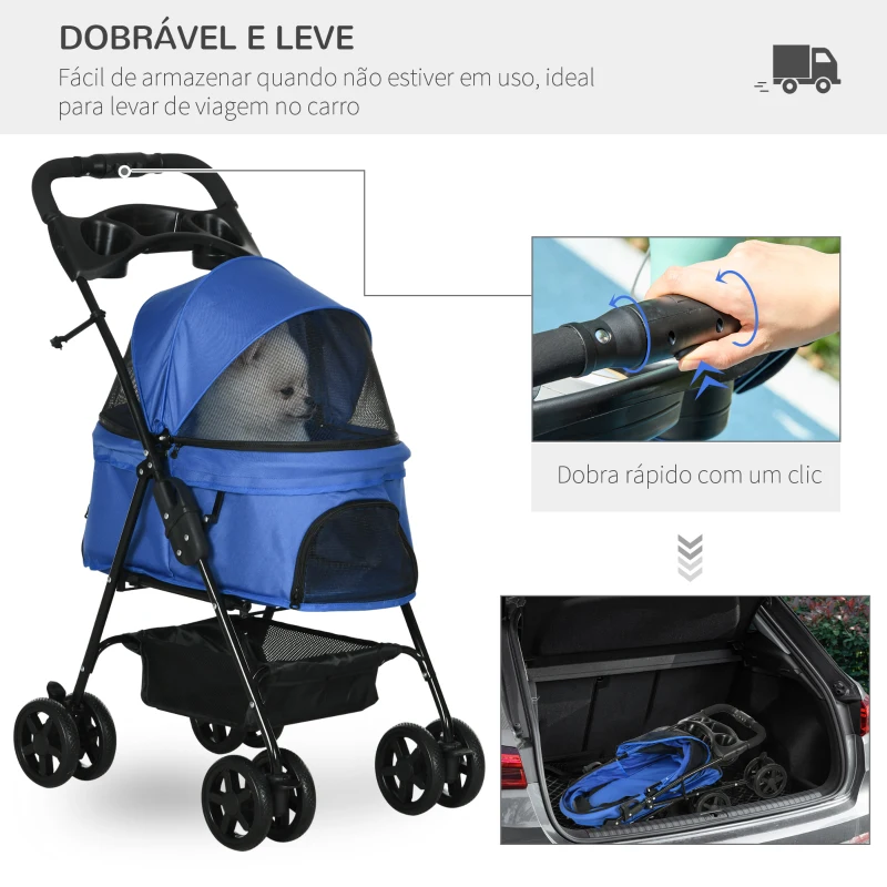 PawHut Carrinho dobrável para animais de estimação desmontável para cães de aço Oxford rodas giratórias freios janela 67x45x96 cm azul