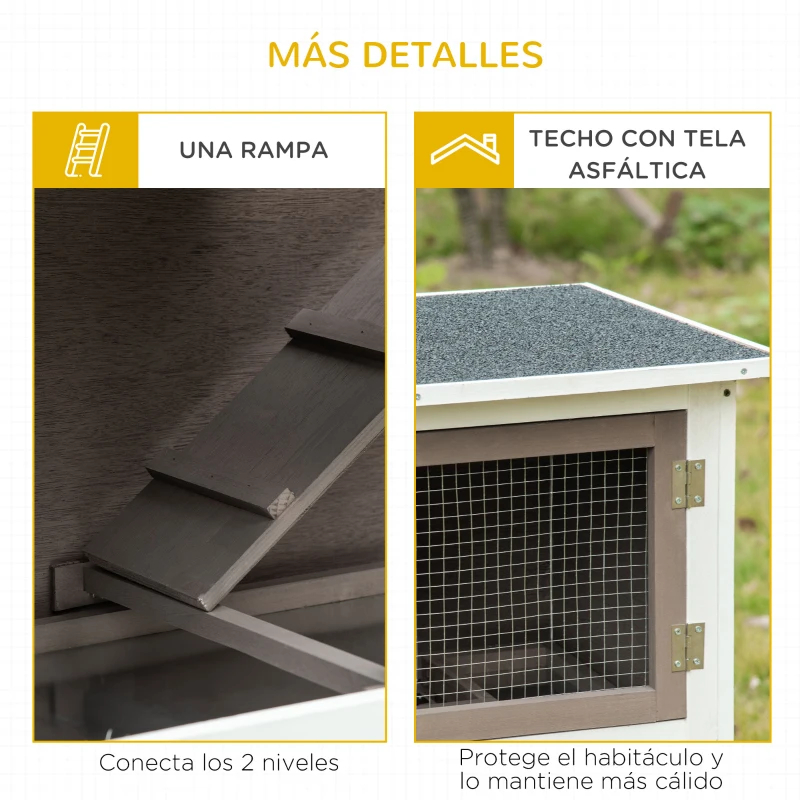 PawHut Conejera de Madera de 2 Pisos con Techo Asfáltico Bandejas Extraíbles y Rampa para 2 Conejos 100x47x91 cm Marrón