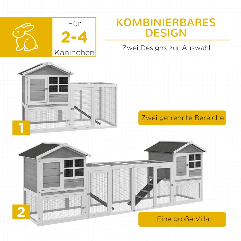 PawHut Kleindierenhok, konijnenhok, buitenren, hok, oprijplank, uitschuifbare bodembakken, wit + grijs(m-4)