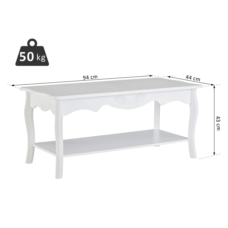 HOMCOM Mesa de Centro de Salón y Comedor de Estilo Elegante tipo Mesita de Café Auxiliar con Estantería color Blanco 94x44x42cm HOMCOM