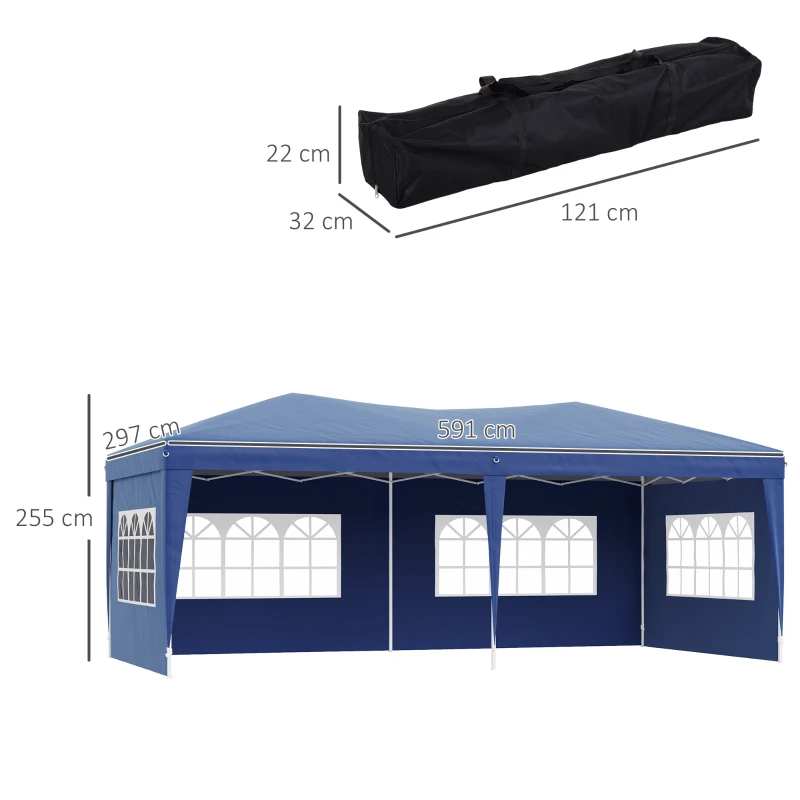 Outsunny Tenda para Festas 591x297x255cm Tenda de Jardim Dobrável com 4 Paredes Laterais com Janelas Azul