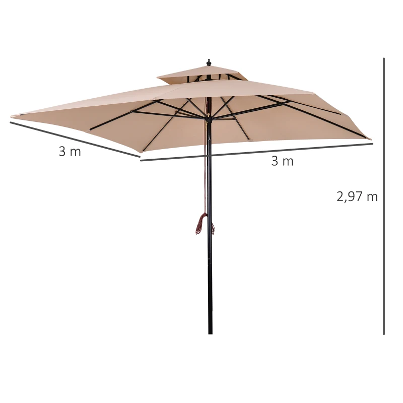 Outsunny Chapéu de Sol de Aço com Teto Duplo Chapéu de Sol com Sistema de Polia Mastro Desmontável 300x300x297cm Bege