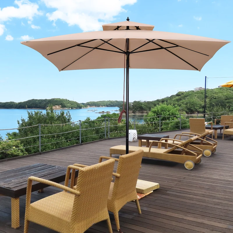 Outsunny Chapéu de Sol de Aço com Teto Duplo Chapéu de Sol com Sistema de Polia Mastro Desmontável 300x300x297cm Bege