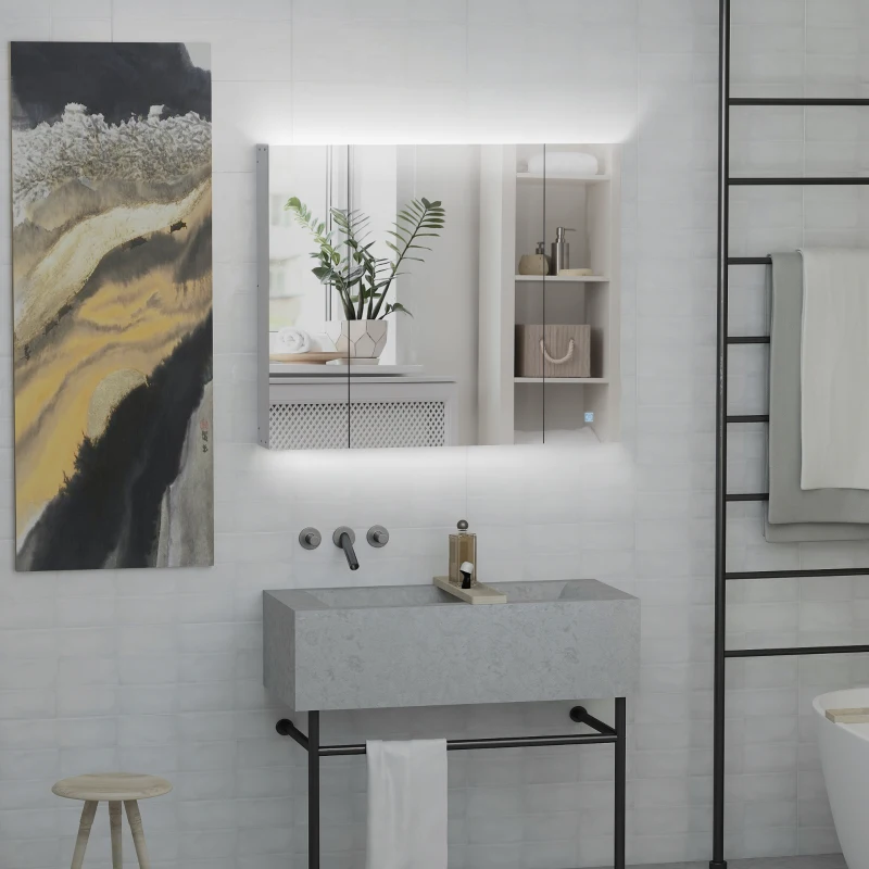 kleankin Spiegelschrank Badschrank mit LED-Beleuchtung 90 x 15 x 75cm Weiß