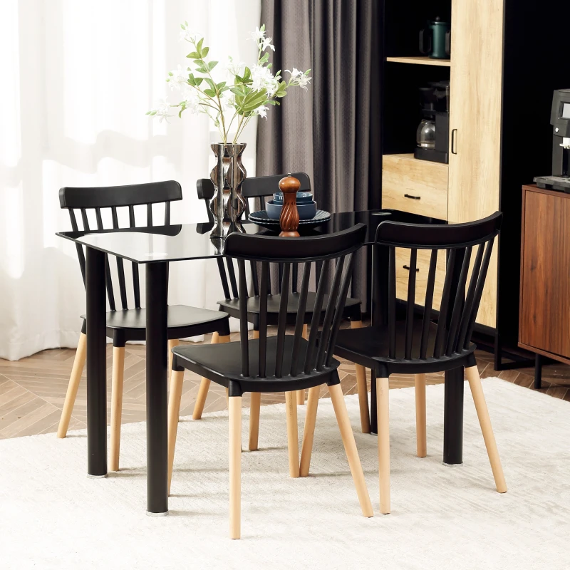 HOMCOM Conjunto de 4 Cadeiras Estilo Nórdico com Encosto Alto e Pés de Madeira de Faia 48x52,5x83cm Preto e Madeira