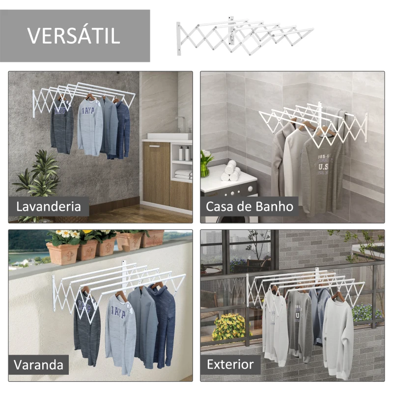 HOMCOM Estendal de Parede Extensível de 63,5cm de Metal com 5 Barras para Interior e Exterior Carga 10kg 63,5x60x20cm Branco
