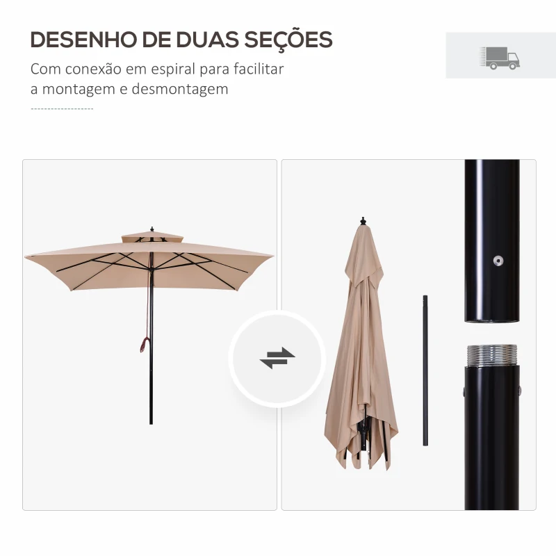 Outsunny Chapéu de Sol de Aço com Teto Duplo Chapéu de Sol com Sistema de Polia Mastro Desmontável 300x300x297cm Bege