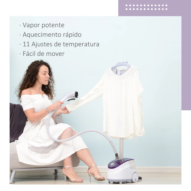 HOMCOM Ferro de Engomar a Vapor com Depósito de 1,8L e Temperatura Ajustável em 11 Níveis 21,5x30x150 cm Branco e Roxo