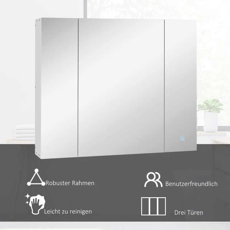 kleankin Spiegelschrank Badschrank mit LED-Beleuchtung 90 x 15 x 75cm Weiß