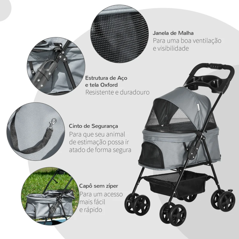 PawHut Carrinho de animal de estimação dobrável removível de aço Tecido Oxford Rodas giratórias Freios Janela para gatos pequenos Cães 67x45x96 cm Cinza