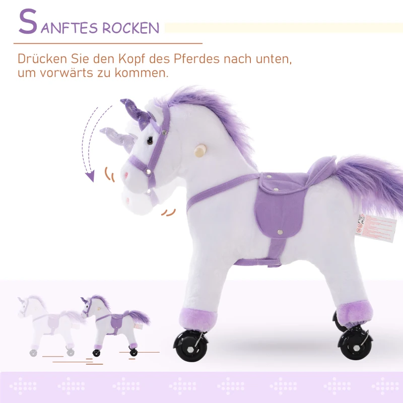 HOMCOM Reitpferd auf Rollen Spielpferd Reittier  Wiehern Plüsch Lila 55 x 23 x 60 cm