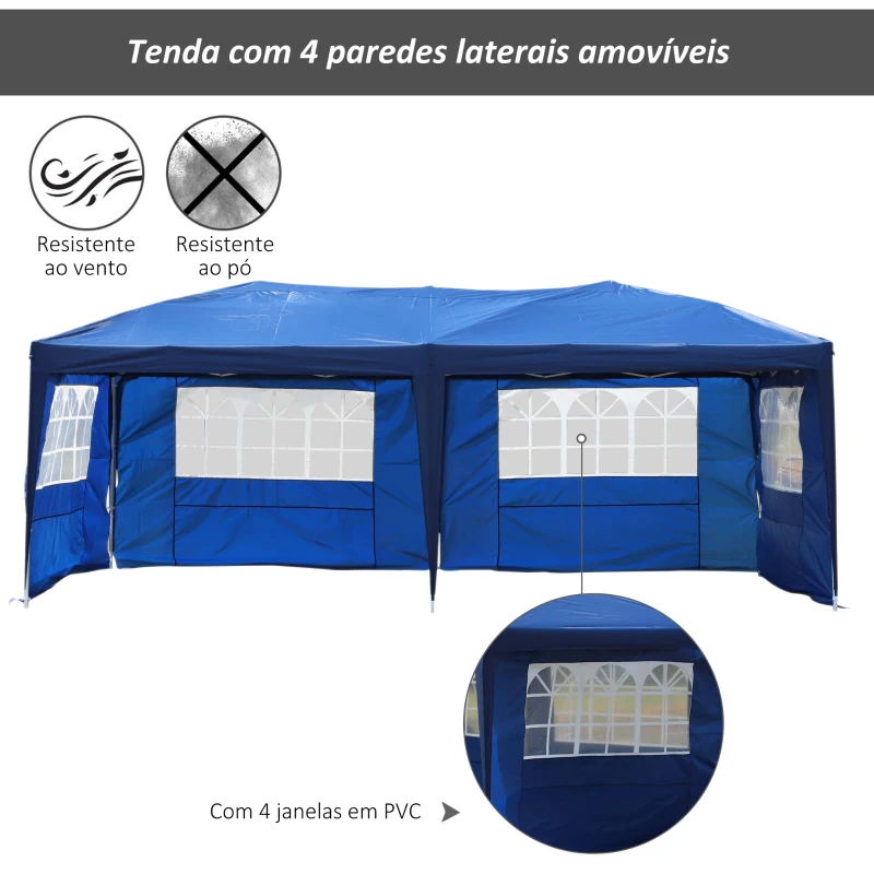 Outsunny Tenda para Festas 591x297x255cm Tenda de Jardim Dobrável com 4 Paredes Laterais com Janelas Azul