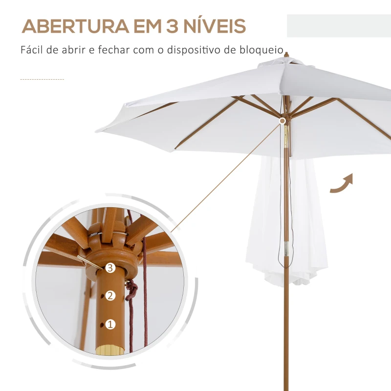 Outsunny Chapéu de Sol de Madeira Ø300x250cm com Altura Ajustável em 3 Níveis para Jardim Terraço Piscina Cafeteria Branco Marfim