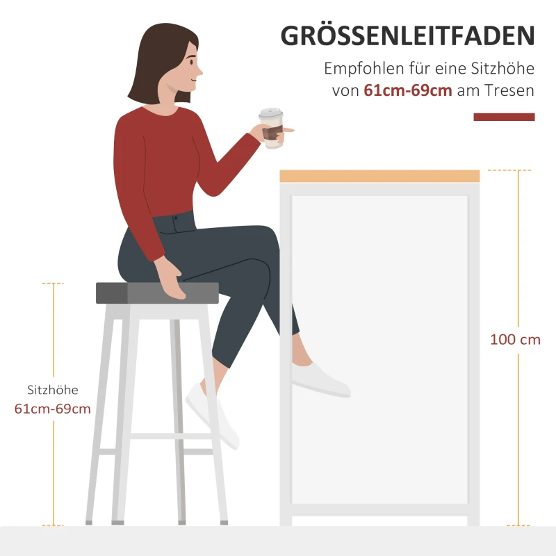 HOMCOM Bartisch Küchentisch mit 3-stöckigem Ablageregal mit Metallrahmen und Tischplatte für Restaurant, Küche und Wohnzimmer, MDF-Platte, Stahl, Weiß+Holzfarbe, 115 x 55 x 100 cm
