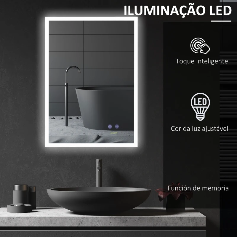kleankin Espelho Casa de Banho com Luz LED Interruptor Tátil 3 Luzes Ajustáveis Função Anti-Embaciamento  70x50cm Prata