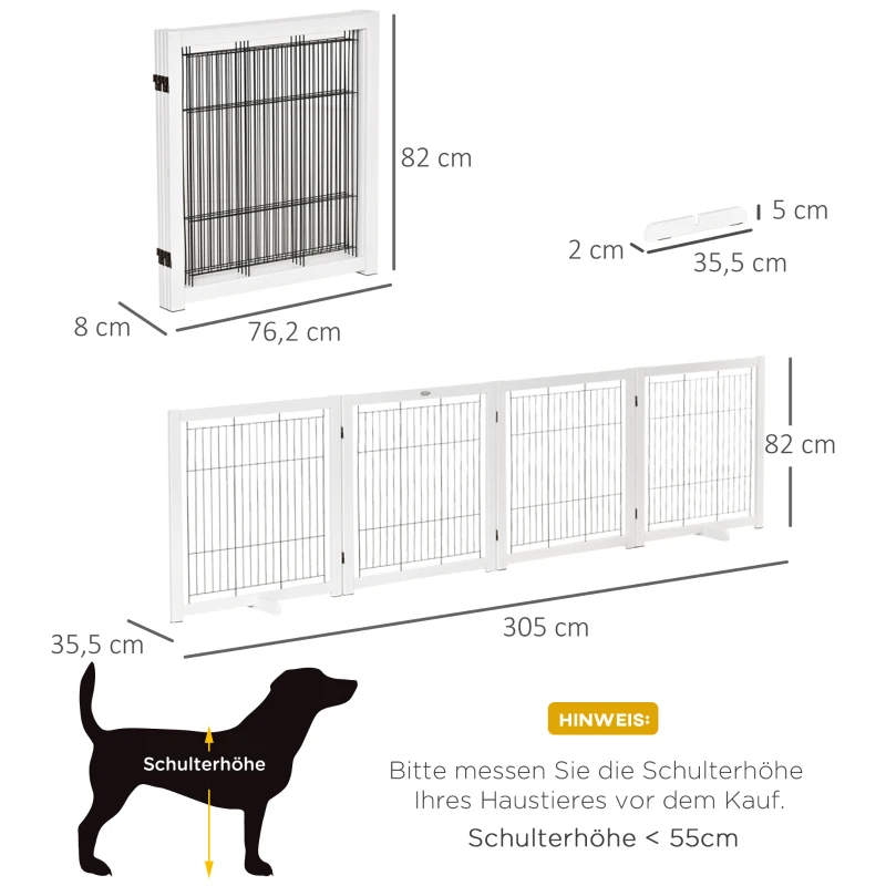 PawHut Wood Pet Gate Dog Safety Gate Pet Barrier Safety Door Bidirectional Folding Steel White 305 x 35.5 x 82 cm