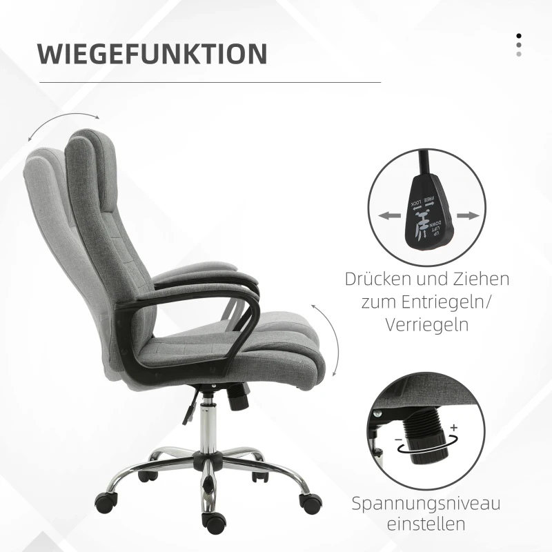 Vinsetto Bürostuhl Computerstuhl mit Wippenfunktion Kopfstütze ergonomischer Schreibtischstuhl drehbar höhenverstellbar Leinen-Touch Grau  62 x 76 x 110-119 cm