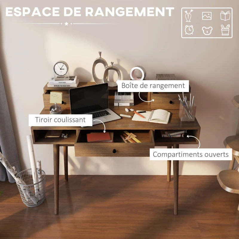 HOMCOM Bureau table post de travail design vintage 3 tiroirs 3 niches pieds en bois massif 110 x 54 x 91,5 cm aspect noyer(m-5)