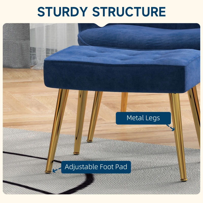 HOMCOM Modern Armchair with Footstool, Upholstered Accent Chair with Ottoman, Steel Legs, Velvet Wingback Chair for Living Room, Bedroom, Home Study, Dark Blue(m-5)