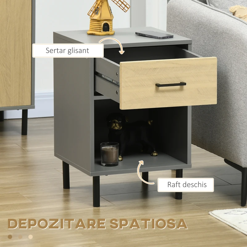 HOMCOM Set de 2 Noptiere, Masa Laterala cu Sertar, Raft de Depozitare, Masa laterala pentru Camera de Zi Dormitor, Gri si Stejar