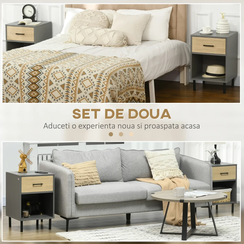 HOMCOM Set de 2 Noptiere, Masa Laterala cu Sertar, Raft de Depozitare, Masa laterala pentru Camera de Zi Dormitor, Gri si Stejar