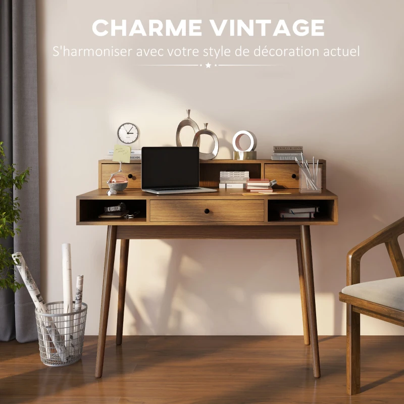 HOMCOM Bureau table post de travail design vintage 3 tiroirs 3 niches pieds en bois massif 110 x 54 x 91,5 cm aspect noyer(m-4)