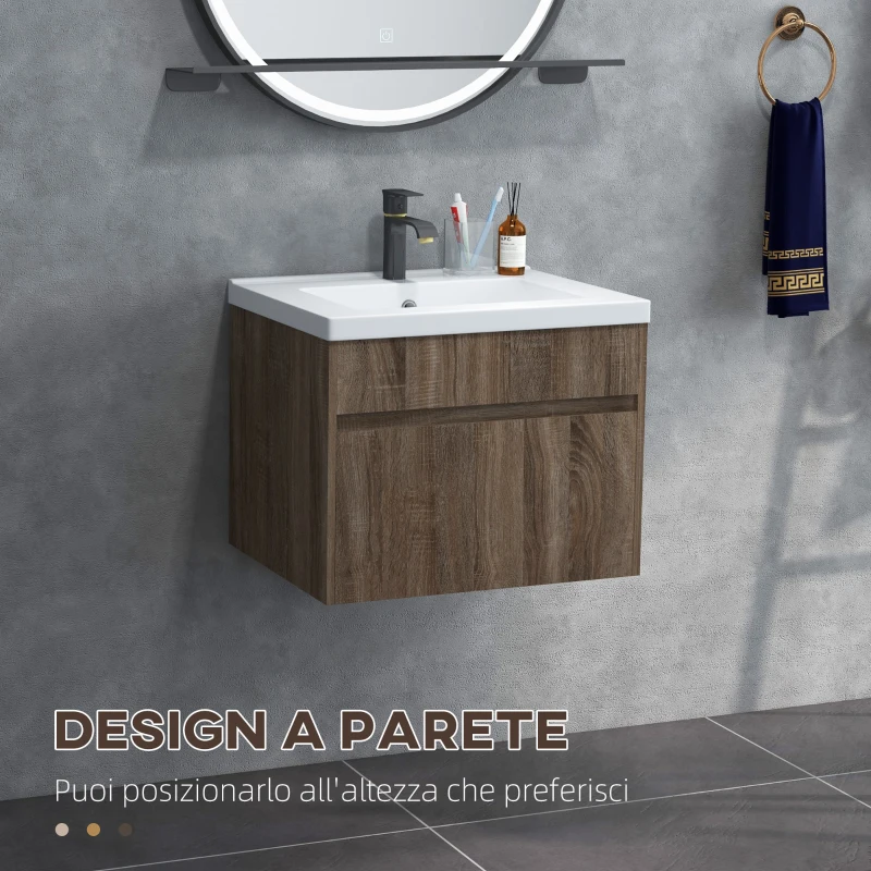 kleankin Mobile Lavabo da 60cm con Cassetto in Legno e Lavandino in Ceramica, Marrone Chiaro