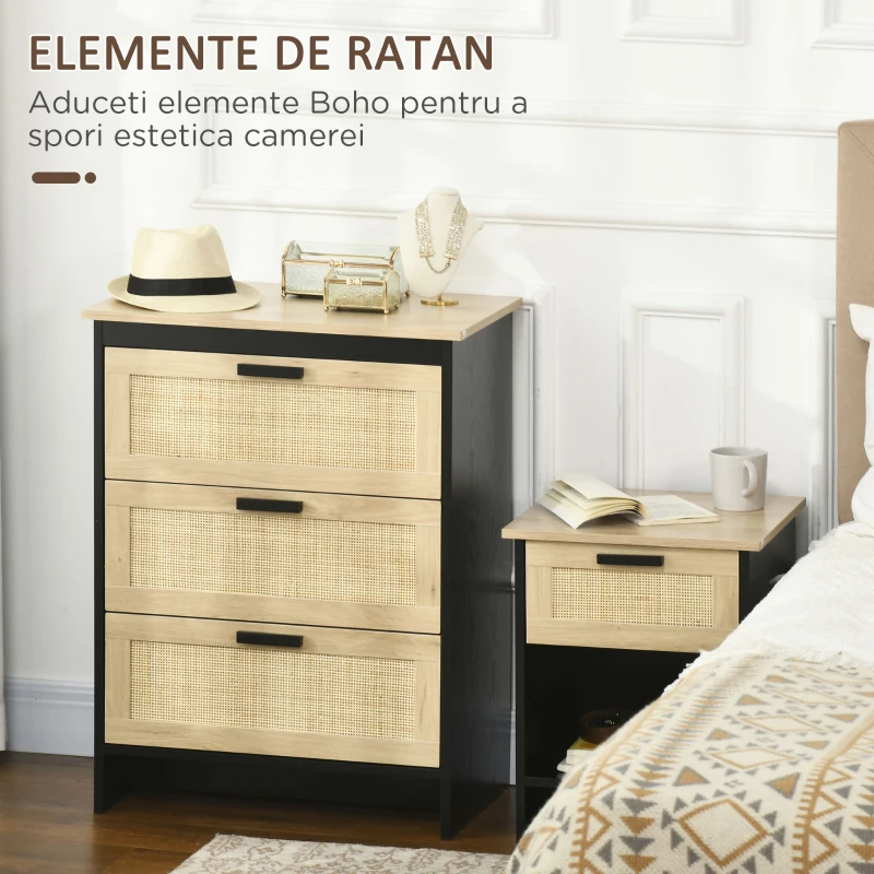 HOMCOM Comoda cu 3 Sertare din PAL si Ratan pentru Sufragerie si Dormitor, 60x40x80 cm, Negru si Lemn Natur