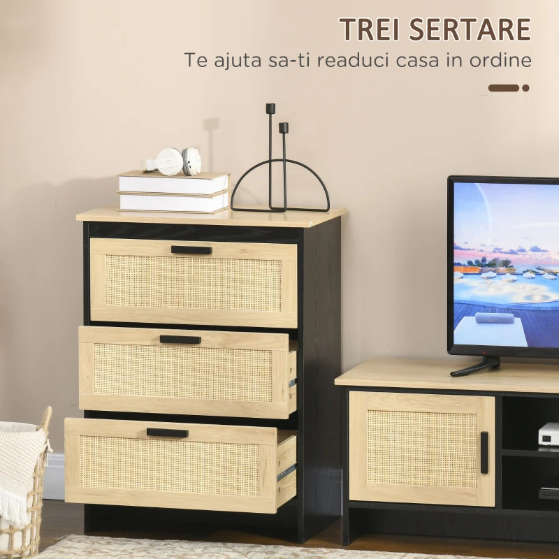 HOMCOM Comoda cu 3 Sertare din PAL si Ratan pentru Sufragerie si Dormitor, 60x40x80 cm, Negru si Lemn Natur