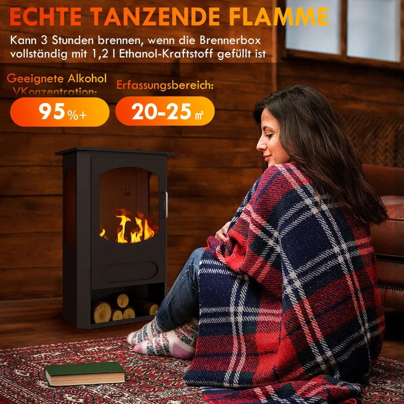 HOMCOM Ethanolkachel, vrijstaand, 3 uur brandtijd, tot 25 m², vak voor brandhout, roestvrij staal, zwart, 43 x 25 x 68 cm(m-4)