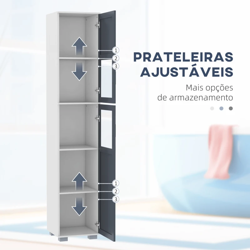 kleankin Coluna Casa de Banho com 2 Portas com Vidro Temperado e Prateleiras Ajustáveis 37x35x190 cm Branco e Cinza