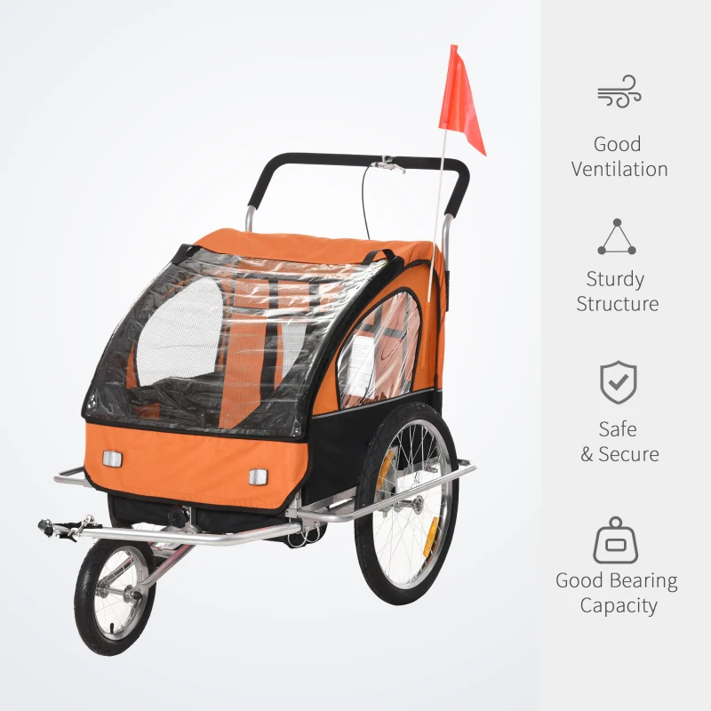 HOMCOM Collapsible Bike Trailer for Kids 2-Seater Baby Bicycle Trailer with Pivot Wheel Hitch Coupler Suitable For 18 Month + Child (Orange)