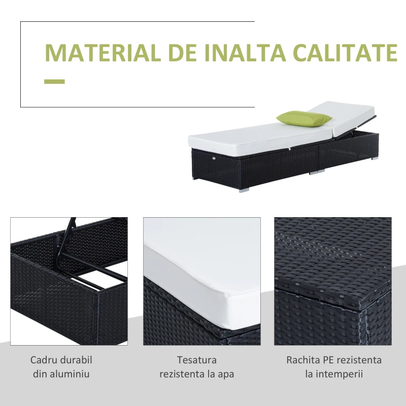 Outsunny sezlong plaja din ratan, 195,5x68x31cm, negru