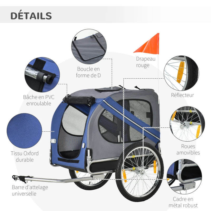 PawHut Remorque vélo pour chien animaux 8 réflecteurs drapeau barre attelage inclus acier polyester imperméable max. 30 Kg 130L x 73l x 90H cm bleu