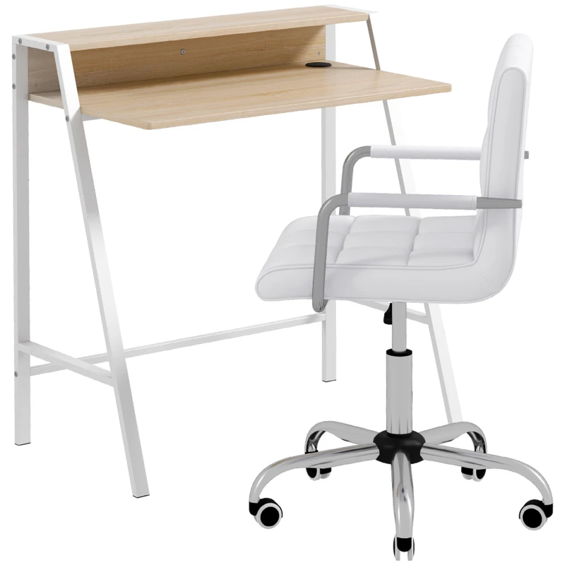 HOMCOM Home Office Chair and Computer Desk Set, Faux Leather Desk Chair with Swivel Wheels, Study Desk with Storage Shelf, White