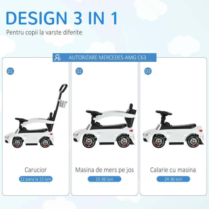 HOMCOM Masina cu maner si bare de siguranta, alb