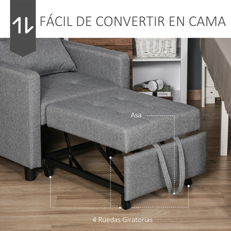 HOMCOM Sofá Cama de 1 Plaza Tapizado en Lino con Respaldo Ajustable de 3 Niveles y Almohada Acolchada 69x82,5x84 cm Gris