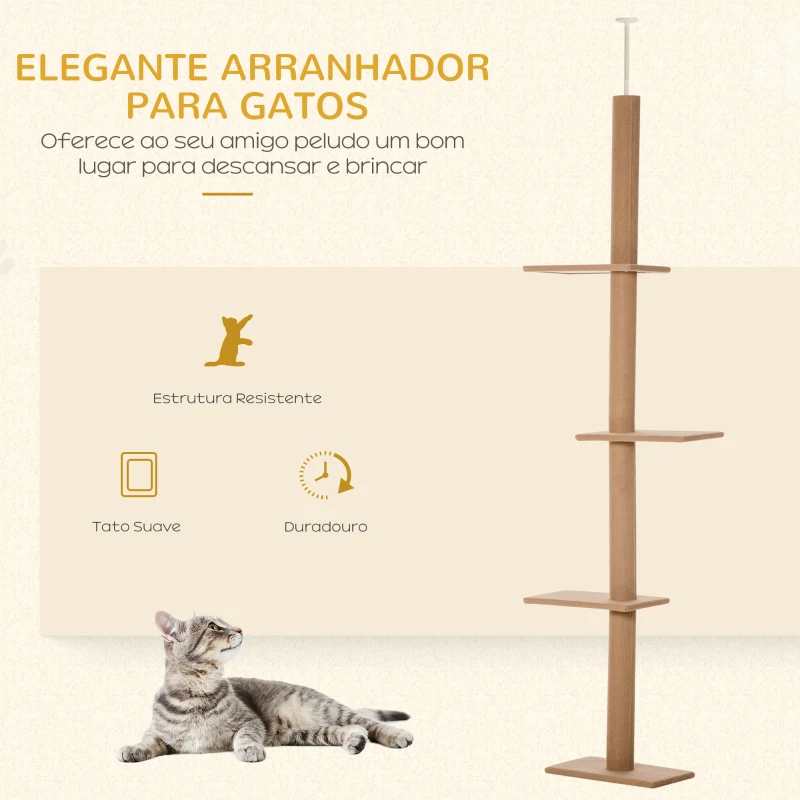 PawHut Arranhador para Gatos de Chão ao Teto com Altura Ajustável 4 Plataformas e Poste de Sisal 43x27x228-260 cm Marrom Claro