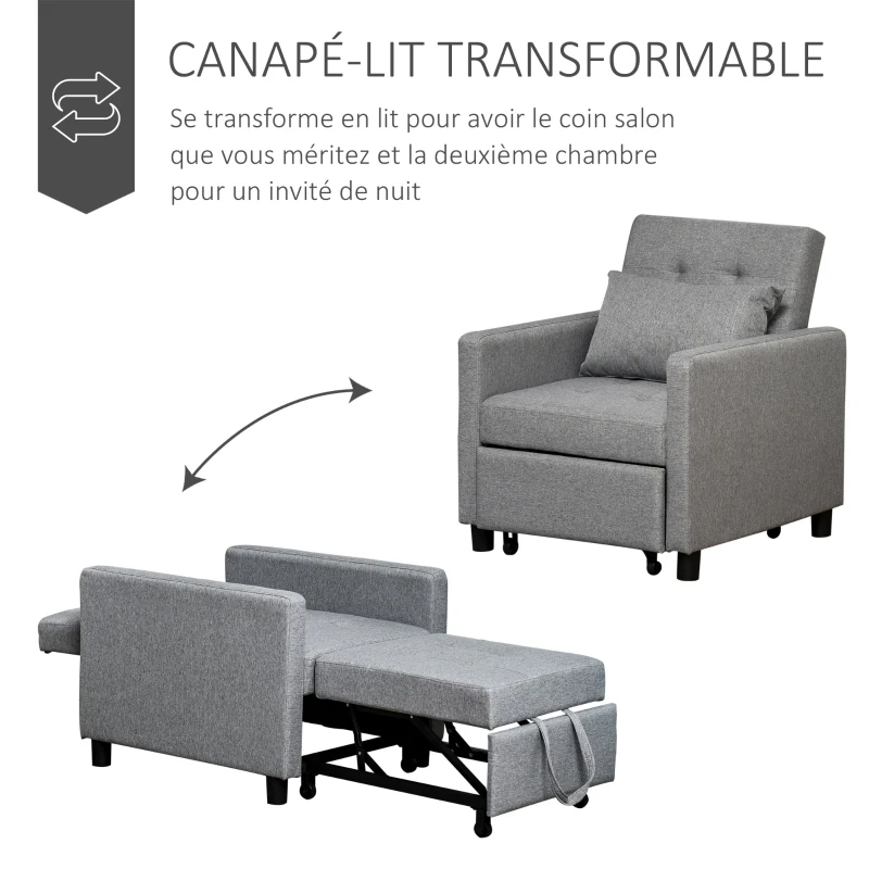 HOMCOM Fauteuil chauffeuse canapé-lit convertible 1 place dossier inclinable à 3 positions avec accoudoirs coussins conforts gris