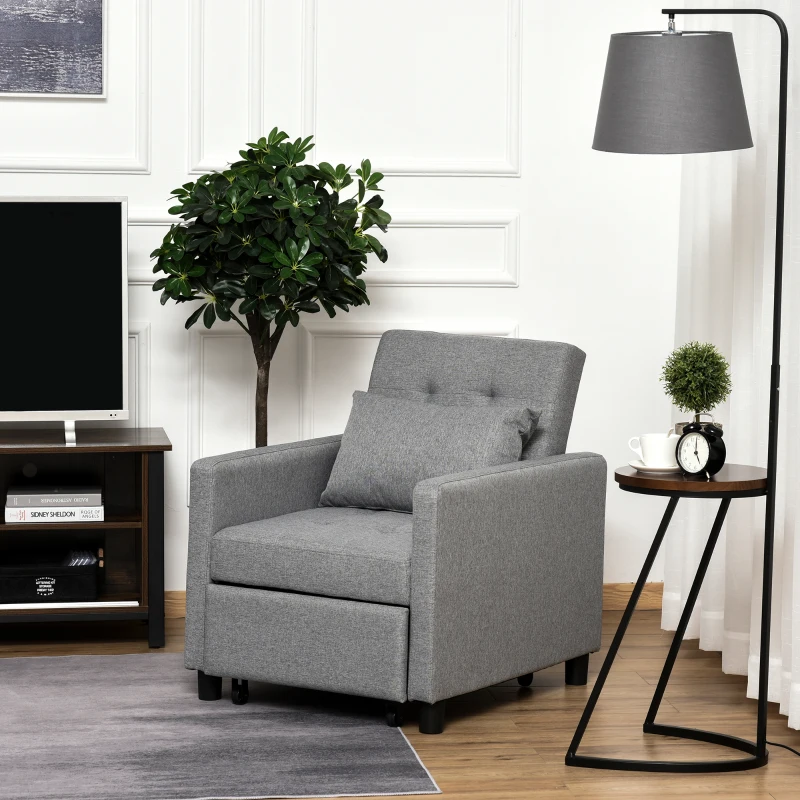 HOMCOM Sofá Cama de 1 Plaza Tapizado en Lino con Respaldo Ajustable de 3 Niveles y Almohada Acolchada 69x82,5x84 cm Gris