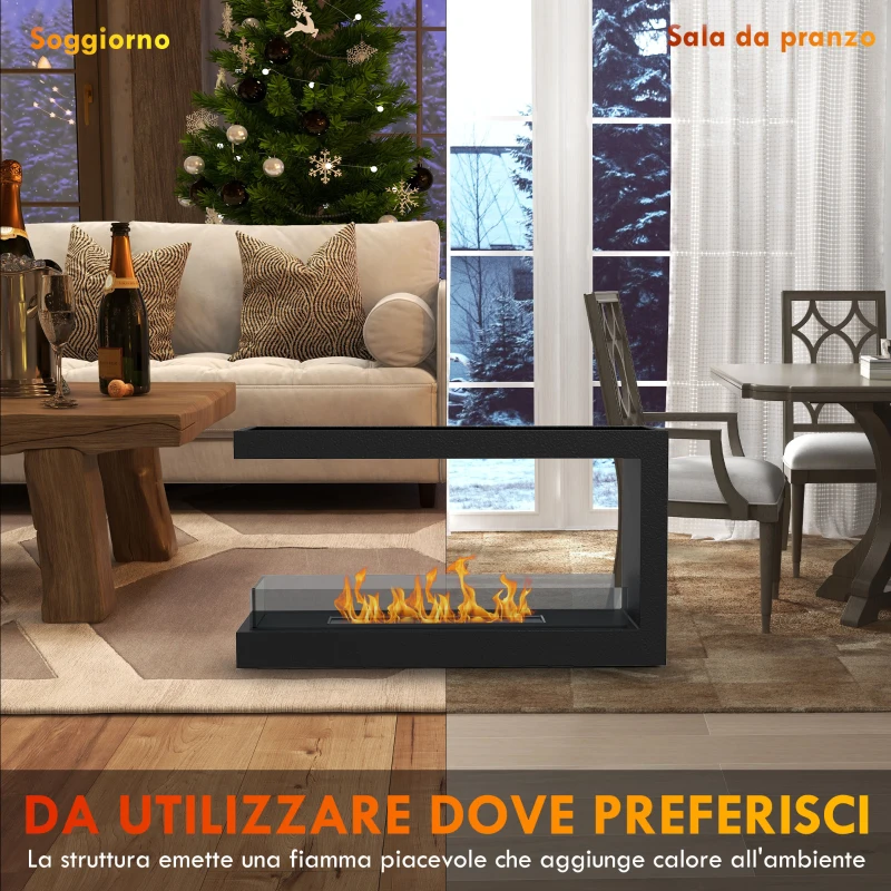 HOMCOM Camino Bioetanolo a 3 Lati con Bruciatore da 2.4L e Durata 4 Ore, Copertura 30㎡, 100x30x55cm, Nero