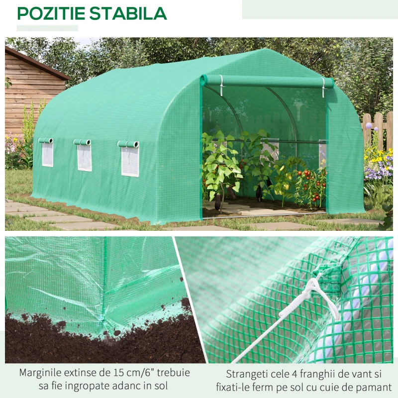 Outsunny Seră pentru Grădină cu 6 Ferestre, Ușă Rulantă și Acoperiș Învelit PE, 4,5x3x2 m, Verde Închis(m-6)