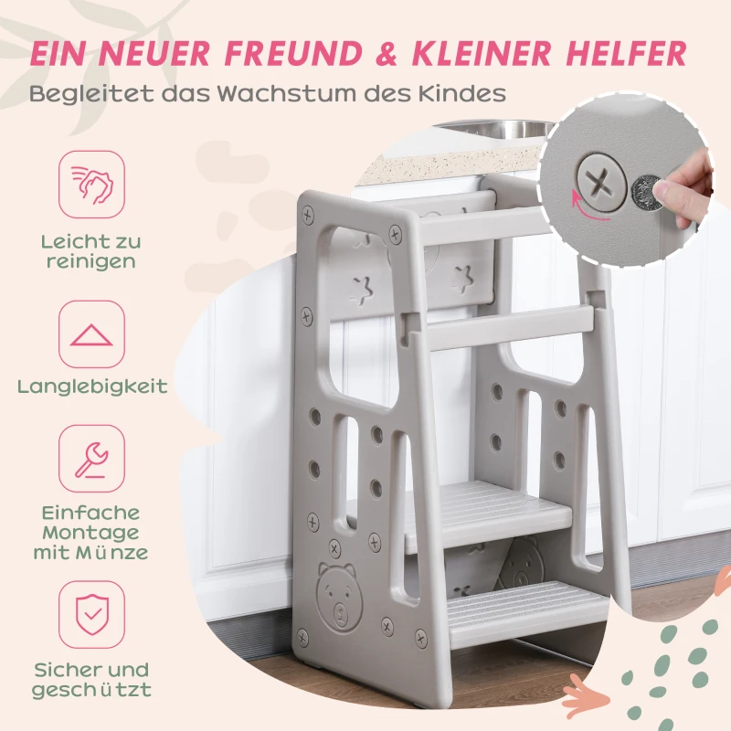 HOMCOM Leertoren voor kinderen, 3-traps in hoogte verstelbaar, antislip voeten, stevig plastic, grijs, 47 x 47 x 90 cm