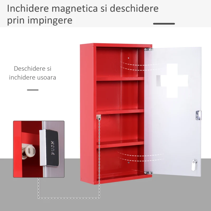 HOMCOM Dulap Trusa Prim Ajutor pentru Medicamente Rosu, 60x30x12cm