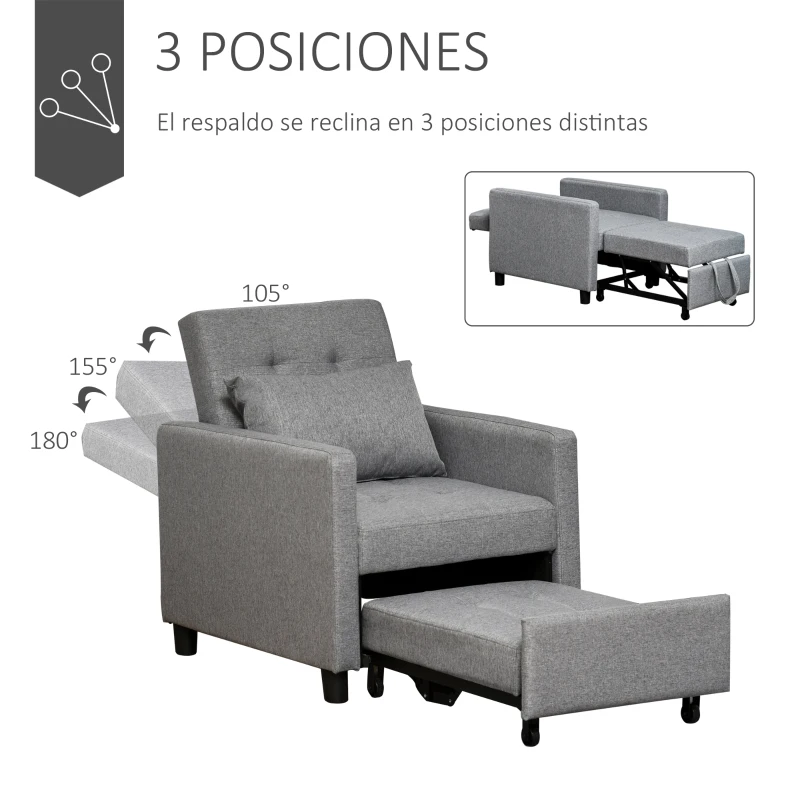 HOMCOM Sofá Cama de 1 Plaza Tapizado en Lino con Respaldo Ajustable de 3 Niveles y Almohada Acolchada 69x82,5x84 cm Gris