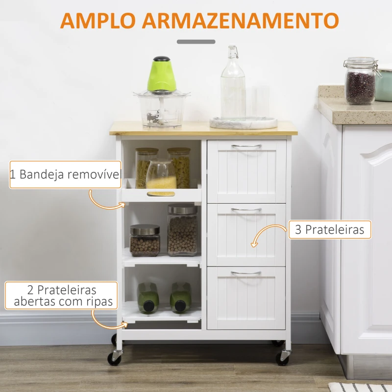 HOMCOM Carrinho de Cozinha com Rodas Carrinho de Serviço com 3 Gavetas 3 Prateleiras Abertas e Bandeja Removível para Sala de Jantar Carga Máxima 40kg 67x37x84cm Branco