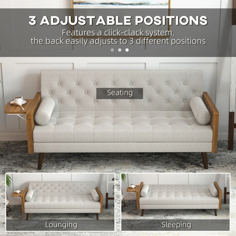 HOMCOM 3-Seater Sofa Bed Click-Clack Button-Tufted Settee Recliner Couch with Wood Legs for Living Room, Beige
