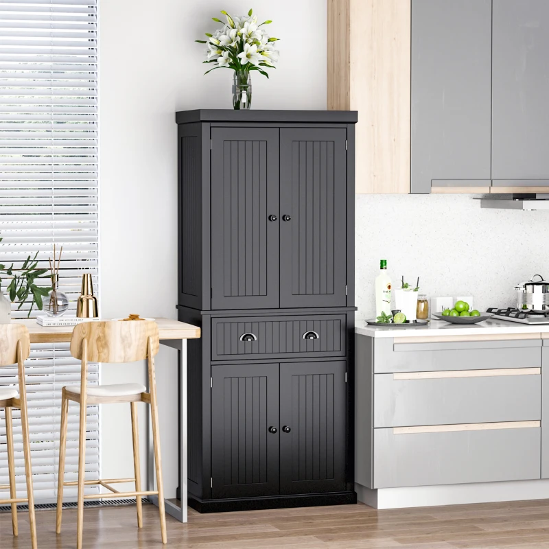 HOMCOM 183cm Freestanding Kitchen Cupboard, Tall Storage Cabinet with 4 Doors and 3 Adjustable Shelves, Traditional Kitchen Pantry Cupboard for Dining Room, Black